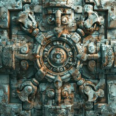 Obraz na płótnie Canvas A carved stone relief texture, inspired by the intricate art and hidden mechanisms of the ancient ruins, offering a detailed and mysterious background created with Generative AI Technology