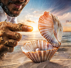 The man's fingers point to the open shell of the sea shell, hinting at a male and female connection.