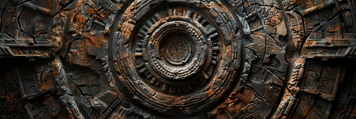 A carved stone relief texture, inspired by the intricate art and hidden mechanisms of the ancient ruins, offering a detailed and mysterious background created with Generative AI Technology