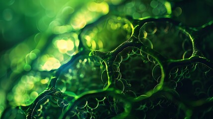 Macro close up of a vibrant green cell under a microscope, biological structure.