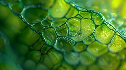 Macro close up of a vibrant green cell under a microscope, biological structure. - obrazy, fototapety, plakaty