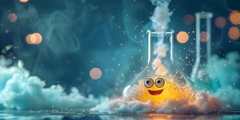 A whimsical depicting a beaker-shaped character with a cheerful expression surrounded by bubbling