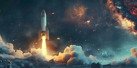 a dramatic rocket launch with the rocket character propelling upwards into the sky surrounded by a fiery plume - obrazy, fototapety, plakaty