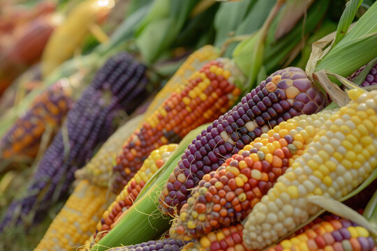 Colorful cobs of heirloom corn varieties on display. Agriculture diversity and harvest celebration concept. Suitable for agricultural fair promotions, sustainable farming education, and seasonal food 