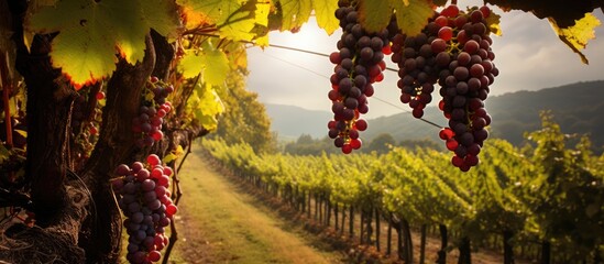 A cluster of grapes grows on a vine in a scenic vineyard, surrounded by blooming flowers, trees, and a clear blue sky, creating a picturesque natural landscape