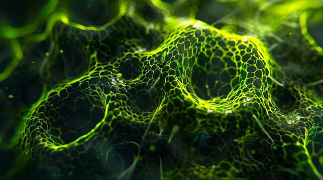 Macro close up of a vibrant green cell under a microscope, biological structure.