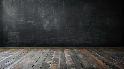Mock up. Empty room with black board background, with black, grey, white chalk marks. - obrazy, fototapety, plakaty