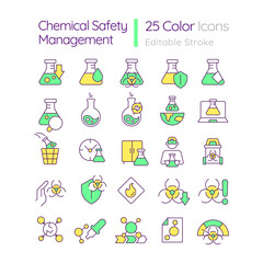 Chemical safety management RGB color icons set. Laboratory control. Toxic substances, safety regulations. Isolated vector illustrations. Simple filled line drawings collection. Editable stroke