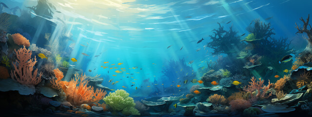 Underwater Seascape with Coral Reefs and Tropical Fish