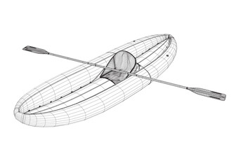 Wireframe of Inflatable Boat With Peddle. Cartoon Simple Style Isolated Vector Illustration On White Background. Rubber inflatable boat transportation vector.