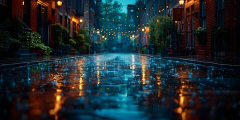 Urban Alley at Night: Illuminated Street, Wet Pavement, and Weathered Architecture in Downtown Area. Concept Night Photography, Urban Exploration, City Lights, Architectural Details, Street Scenes - obrazy, fototapety, plakaty