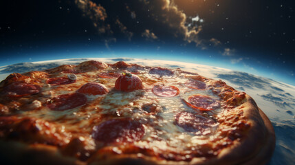 Just cooked hot pizza pizza with sausage, tomatoes and melted cheese in the fantastic lighting of outer space. The concept of the versatility of pizza as a delicious snack