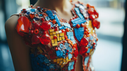 A bright, multi-textured dress, decorated with colored beads and mosaic tiles, against a blurry city street background. Fashion, artistic expression and sophisticated design