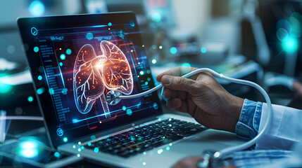 Doctor With Laptop Diagnose checking Lungs scan, Generative Ai - obrazy, fototapety, plakaty