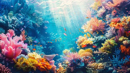 Fototapeta na wymiar Capture the beauty of a vibrant underwater realm, portraying a colorful array of coral reefs in a mesmerizing watercolor style.
