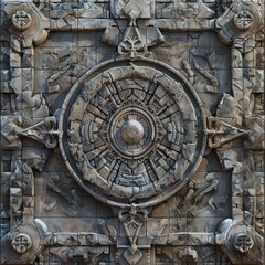 A carved stone relief texture, inspired by the intricate art and hidden mechanisms of the ancient ruins, offering a detailed and mysterious background created with Generative AI Technology