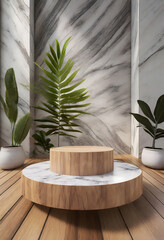 modern podium wood and marble shape with plant on wood floor. 3d render. Generative AI.