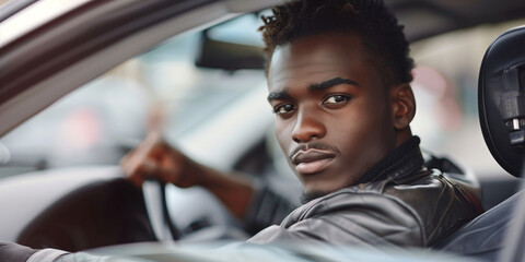 handsome black man sitting in the car view on the car window - obrazy, fototapety, plakaty