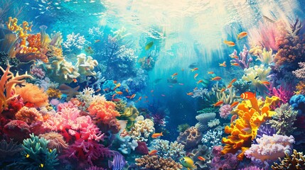 Naklejka na ściany i meble Capture the beauty of a vibrant underwater realm, portraying a colorful array of coral reefs in a mesmerizing watercolor style.