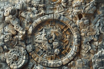 Fototapeta na wymiar A carved stone relief texture, inspired by the intricate art and hidden mechanisms of the ancient ruins, offering a detailed and mysterious background created with Generative AI Technology