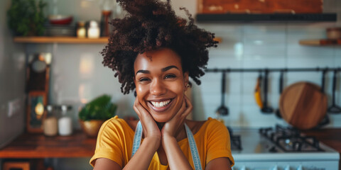 happy black woman smiling in front of camera in the kitchen 