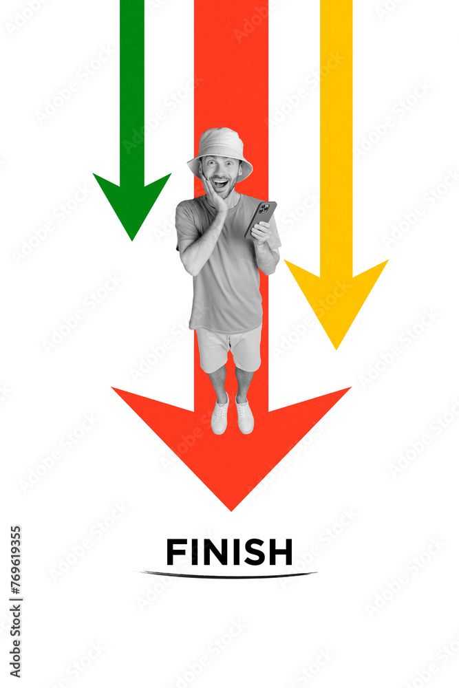 Poster composite collage picture of astonished guy hold smart phone arrow pointer finish isolated on creati