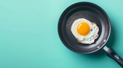 A fried egg cooking in a frying pan on a blue background
