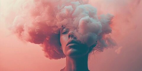 A woman with smoke billowing out of her head in a surreal portrait