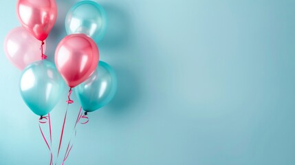 A cluster of pink and blue balloons drifting upward into the sky - obrazy, fototapety, plakaty
