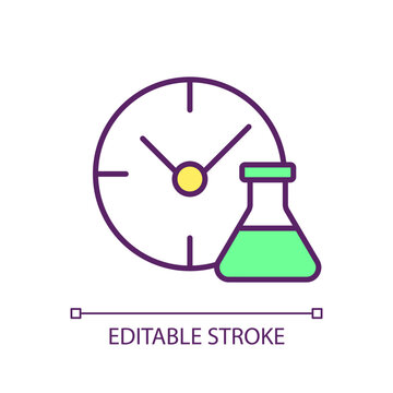 Reagents time control RGB color icon. Chemistry supplies, research tools. Toxic solvents analysis. Inventory management. Isolated vector illustration. Simple filled line drawing. Editable stroke
