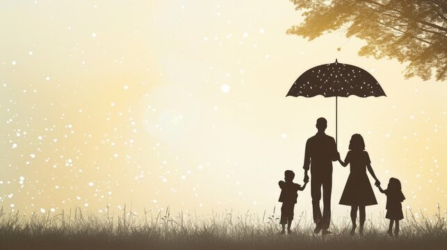 Family walking together with protective umbrella, insurance concept