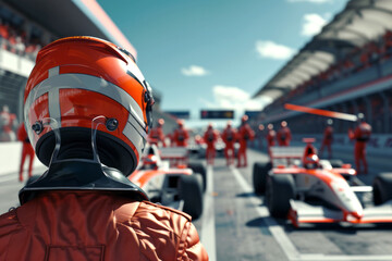 Obraz premium A formula competitor on the starting line in a helmet and overalls against the background of cars on the starting field. A driver preparing to start a race on the track 