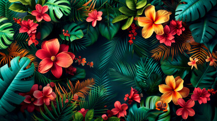 Beautiful tropical floral background with green palm leaves and yellow red frangipani flowers Poster design