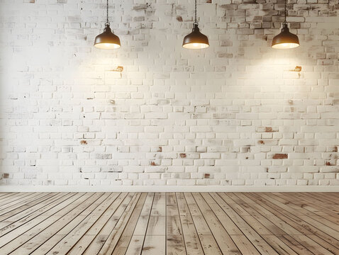 An abstract room featuring a white brick wall, wooden flooring, and hanging lamps from the ceiling.