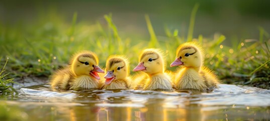 Adorable ducklings waddling by a shimmering pond in a picturesque natural setting - obrazy, fototapety, plakaty