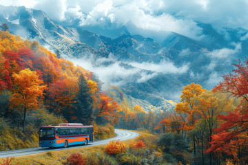 We set off on a picturesque autumn trip by bus, surrounded by colorful forest landscapes. - obrazy, fototapety, plakaty