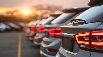 A straight line of new cars parked neatly in a dealership lot under the clear sky
