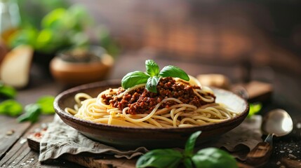 A plate filled with spaghetti coated in rich tomato sauce and garnished with fresh basil leaves - 769620706