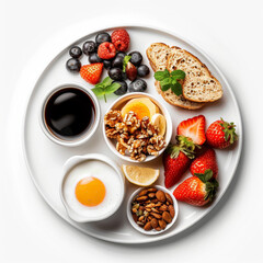 Various fruits, nuts, eggs, and beverages arranged neatly against a white background, viewed from above.