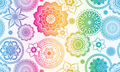 Vector vintage hand drawn rainbow seamless pattern with lacy mandalas  and flowers  on a white background