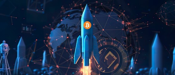 A matrix backdrop highlights the rockets climb, powered by Bitcoin