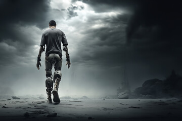 A man walks with prosthetic legs adapted and equipped with ertifical intelligence mechanisms - 769621504