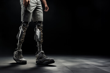 A man walks with prosthetic legs adapted and equipped with ertifical intelligence mechanisms - 769621520