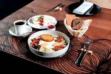 breakfast on the table in the restaurant