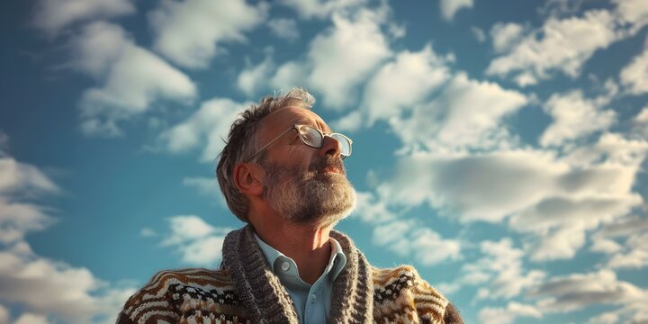 Stylish middle-aged man suffering from GERD, posing in a group portrait against a cloudy sky background. Concept Portrait Photography, Health & Wellness, Lifestyle, Group Poses, Outdoor Setting - Powered by Adobe