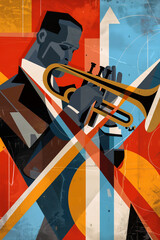 Afro-American male jazz musician trumpeter playing a brass trumpet in an abstract cubist style painting for a poster or flyer, stock illustration image 