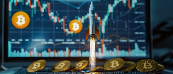 A matrix backdrop highlights the rockets climb, powered by Bitcoin