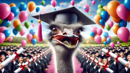 An ostrich with a graduation cap looks on with a funny quirky expression, set against a background of celebration. Wonder and awe theme. Concept of graduation, humour, celebration. - obrazy, fototapety, plakaty