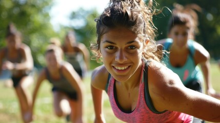 Woman doing outdoor bootcamp exercises in a park, fitness