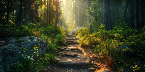 Fototapeta premium A pathway winding through a dense forest with tall trees and lush greenery